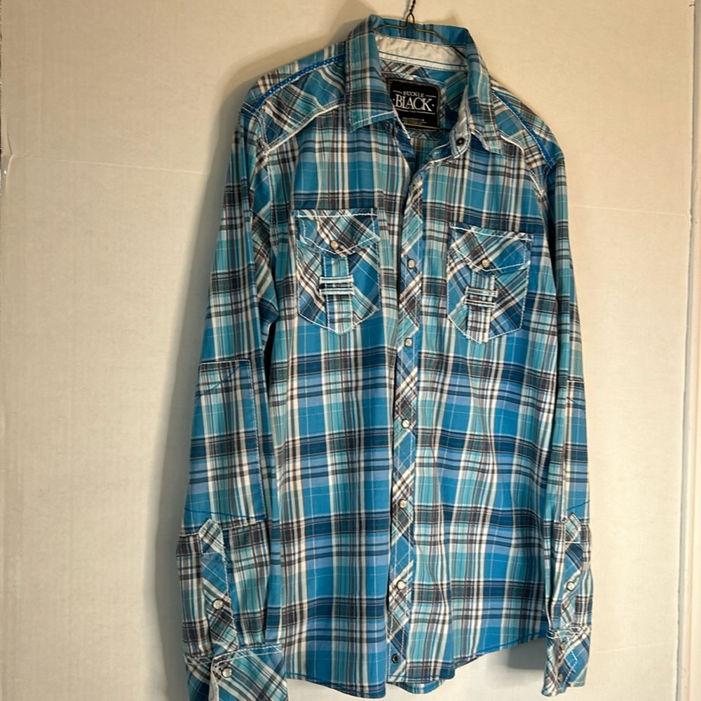 Buckle Black Label Athletic Fit L/S Western Pearl Snap Blue Plaid Shirt. Size M